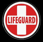 LifeGuard pinback button with red circle, white cross, and LIFE GUARD text, 1.25-inch