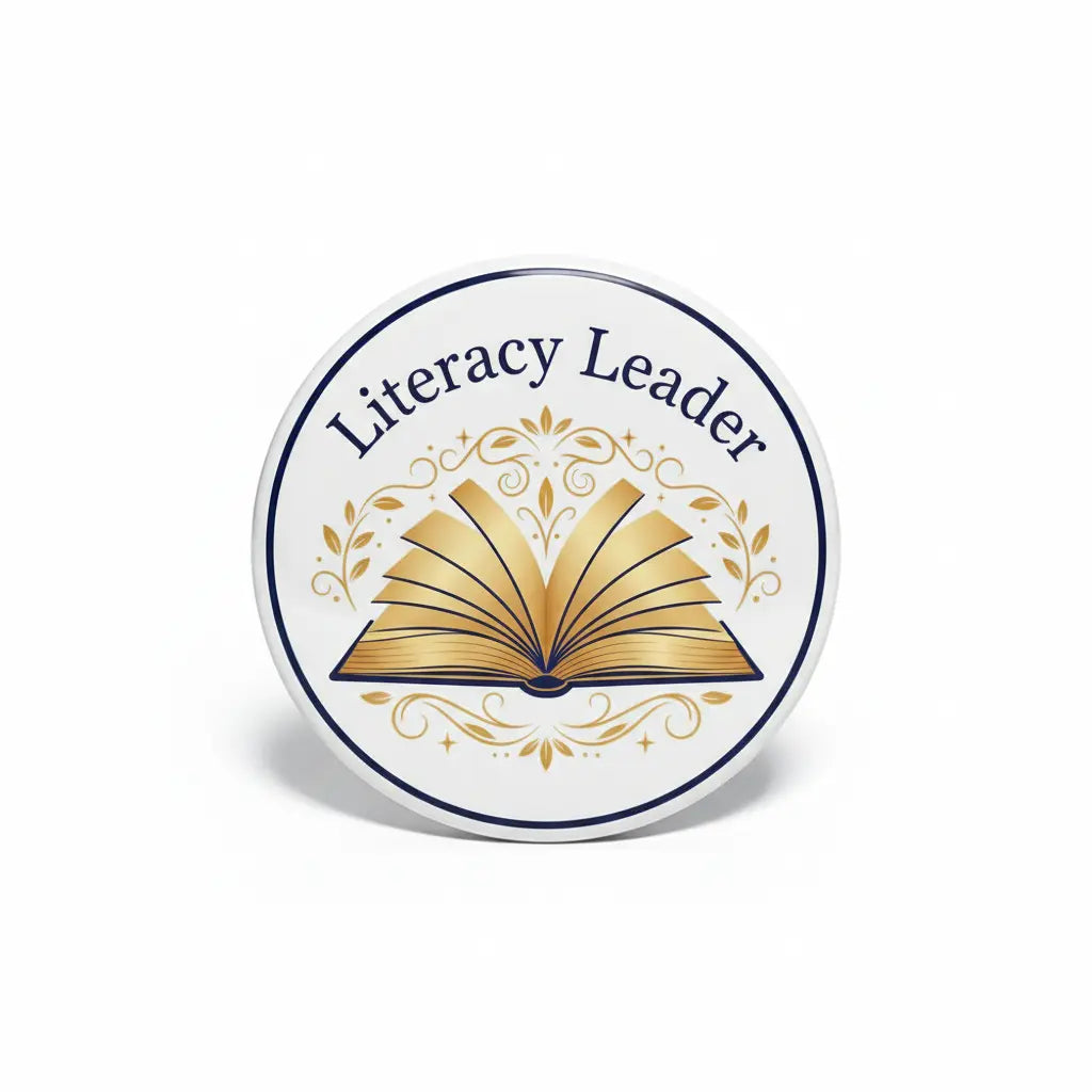 2.25-inch round pinback badge with “Literacy Leader” text and gold open book
