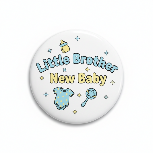 Little Brother New Baby button with baby bottle, onesie, and rattle