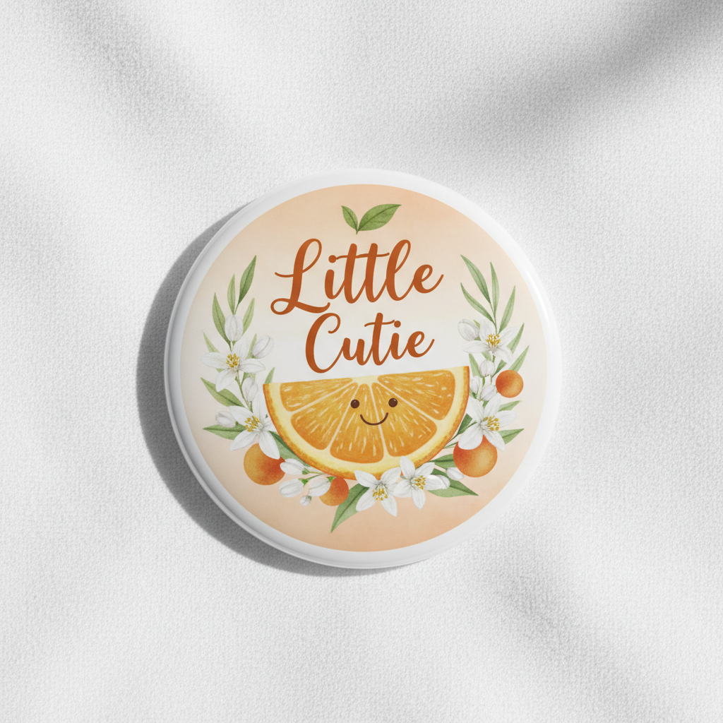 Little Cutie Orange Citrus Botanical Baby Shower Pinback 2.25-inch