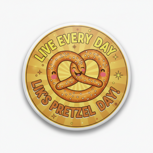 Round sticker with a pretzel design and text 'Live Every Day Like Pretzel Day' on a white background