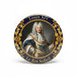 Louis XIV pinback button with painted portrait, gold ornate border, blue text ring