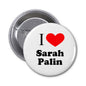 Round pinback button with white face, “I ♥ Sarah Palin” text and red heart