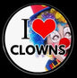 I Love Clowns pinback button, round white with red heart and clown faces
