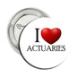 Actuaries pinback button with red heart and 'I Love Actuaries' text, silver rim