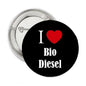 1.25-inch pinback button, black with red heart and white 'I Love Bio Diesel' text