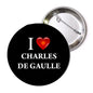 Round black pinback button with red heart and white 'I ♥ CHARLES DE GAULLE'