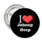 Black round pinback brooch with red heart and 'I Love Johnny Depp' text, 1.25 in