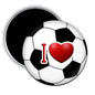 1.25-inch soccer refrigerator magnet, round design with black-and-white ball and red heart
