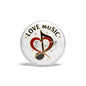 Round white music-themed pinback button with 'LOVE MUSIC' text and heart ribbon design