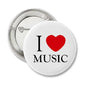 White round pinback button with “I ♥ MUSIC” text and red heart, 2.25-inch