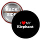 Round black I ♥ MY Elephant pinback button with red heart and white lettering