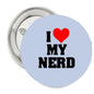 1.25-inch I Heart My Nerd round pinback button, light blue with red heart and black text