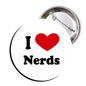 White pinback button with red heart and black 'I ♥ Nerds' design, metal pin back