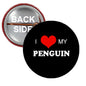 1.25-inch penguin pinback button, black with red heart and 'I ♥ MY PENGUIN'