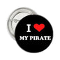 Black pirate-themed pinback button with red heart, white 'I ♥ MY PIRATE', silver edge