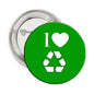 1.25-inch green recycle pinback button with white 'I love' heart and recycling symbol