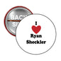 Round pinback button with red border, red heart, and 'I Ryan Sheckler' text