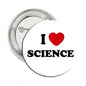 Chrome pinback button with “I ♥ SCIENCE” text on white, red heart
