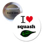 1.25-inch pinback button: I ♥ squash with green squash graphic