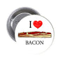 2.25-inch pinback button with I love heart, bacon image, and text BACON