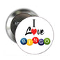 2.25-inch pinback button with I Love Bingo design, heart and colorful Bingo balls