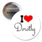 White I love Dorothy pinback button with red heart