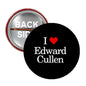 Round black pinback button with “I ♥ Edward Cullen” text and red heart