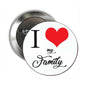 2.25-inch pinback button with white face, red heart, and “I my Family” text