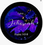 2.25-inch Jehovah pinback button with purple floral graphic and 'Love Jehovah' text