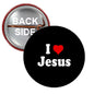Two-sided Jesus pinback button, black front: I heart Jesus; silver back, red rim