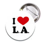 Round silver I ♥ L.A. pinback button with heart and bold black letters