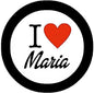 Round pinback button with black border, red heart, and “I Love Maria” text, 1.25-inch