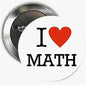White I love Math pinback brooch with red heart and bold black “MATH” text