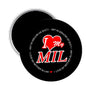2.25-inch pinback button with black background, red heart, and 'I Love My MIL' text