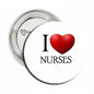 I Love Nurses pinback button, round silver with red heart and “NURSES” text