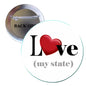 Round pinback button with red heart and 'Love my state' text