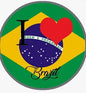Round fridge magnet with Brazil flag, red heart, and cursive Brazil graphic