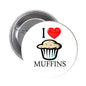 1.25-inch pinback button with white face, red heart, and muffin illustration reading 'I ♥ MUFFINS'
