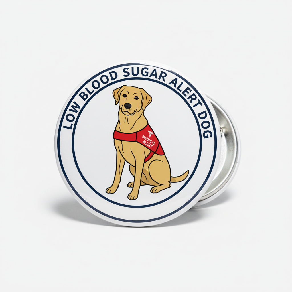 A round pin-back button featuring a cartoon Labrador retriever wearing a red 'Low Blood Sugar Alert Dog' vest, with the text 'LOW BLOOD SUGAR ALERT DOG' around the border, shown on a light gray background.
