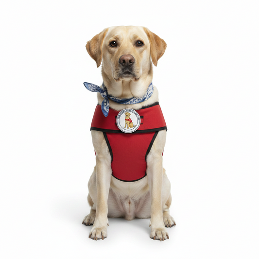Round dog-themed alert pinback badge on red collar harness, 2.25-inch size.