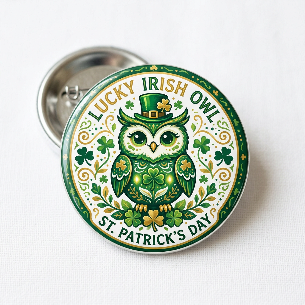 Lucky Irish Owl Pin Button 2.25-inch