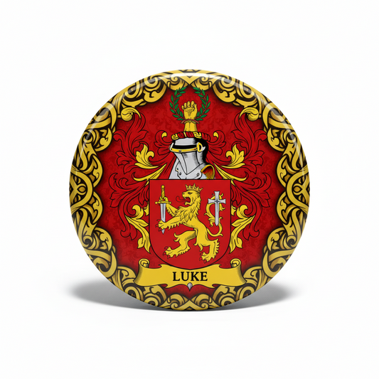 Round red and gold Luke coat of arms pinback badge with lion crest and shield