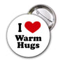 I Love Warm Hugs pinback button, round white with red heart and black “Warm Hugs” text