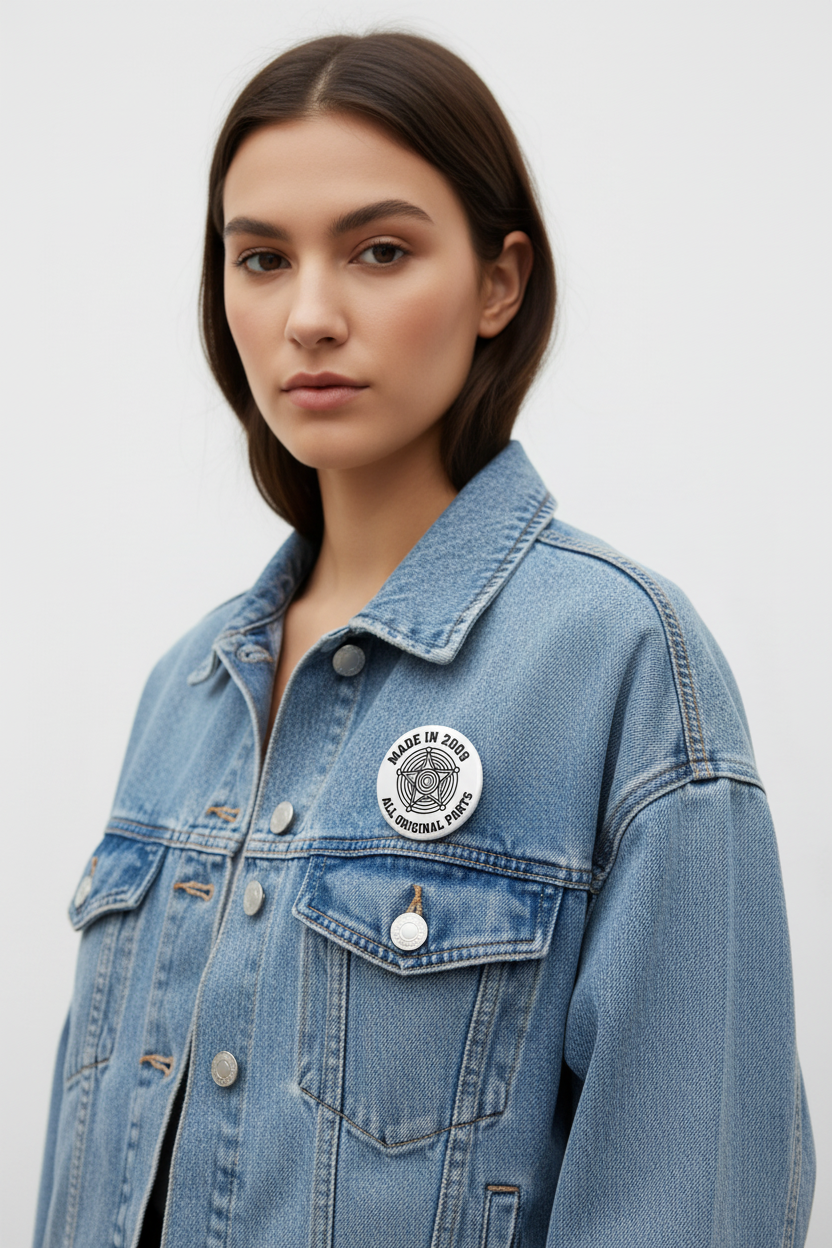 2.25-inch pin on blue denim jacket, circular star logo with 'MADE IN 2009'