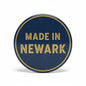2.25-inch pinback button, 'MADE IN NEWARK' text on dark blue