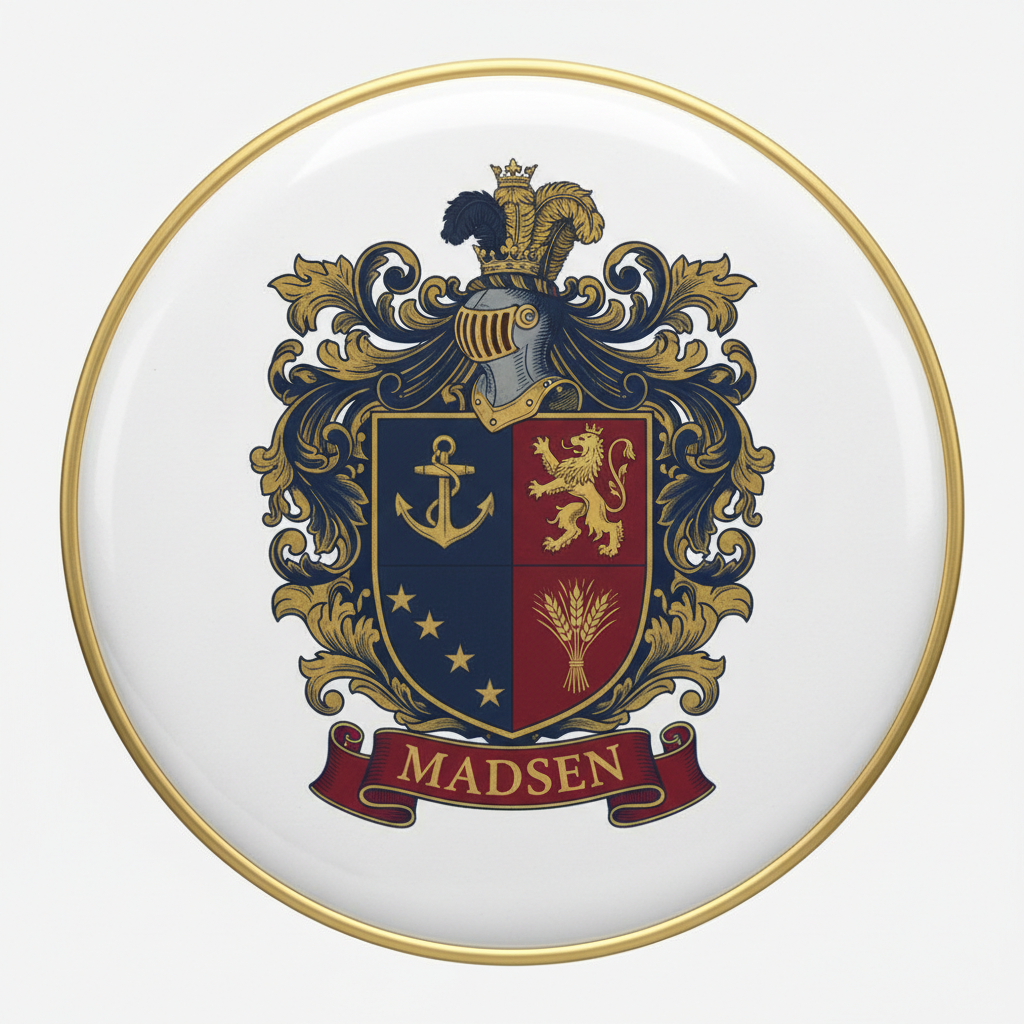 Madsen Family Crest Coat Arms Pinback 3-inch