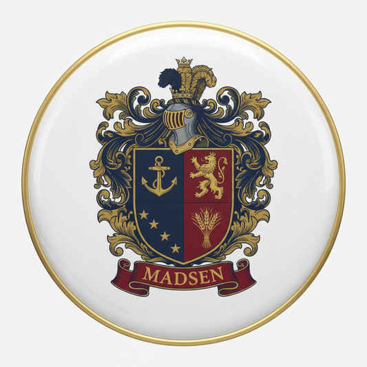 Madsen Family Crest Coat Arms Pinback 3-inch
