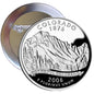 Round silver pinback badge with engraved Colorado 2006 quarter design, 2.25-inch