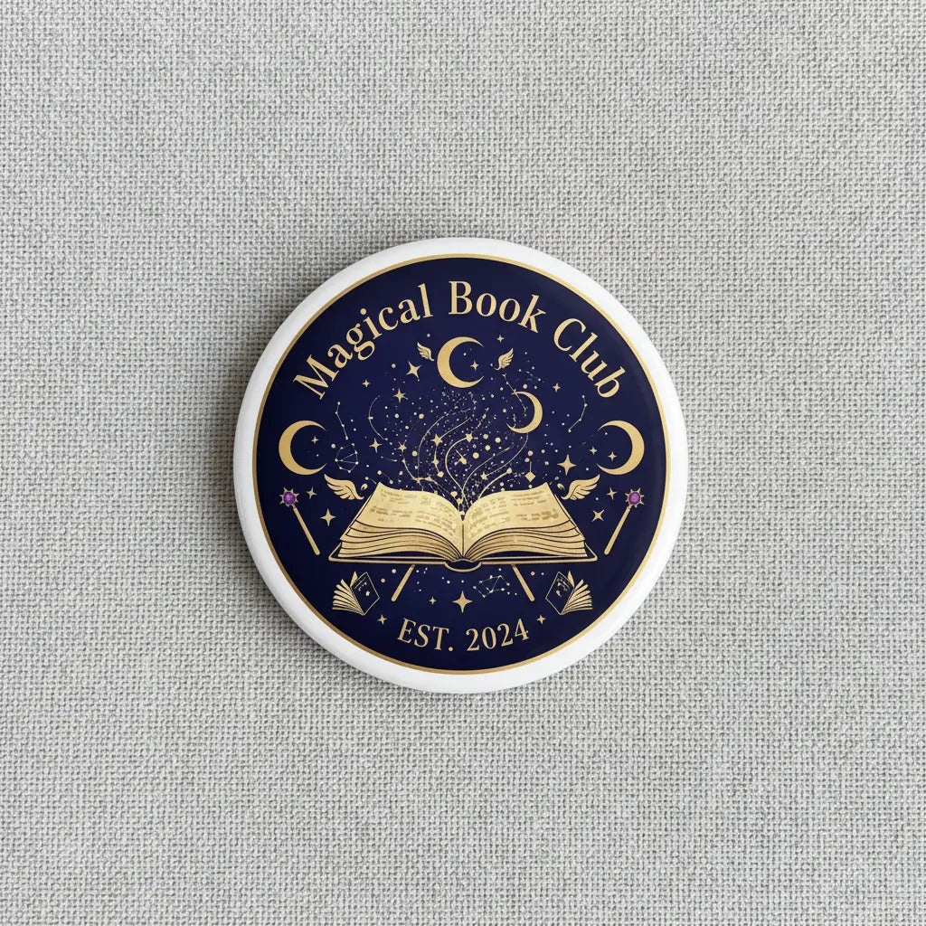 Magical Book Club pinback button, navy round enamel with open book and crescent moons